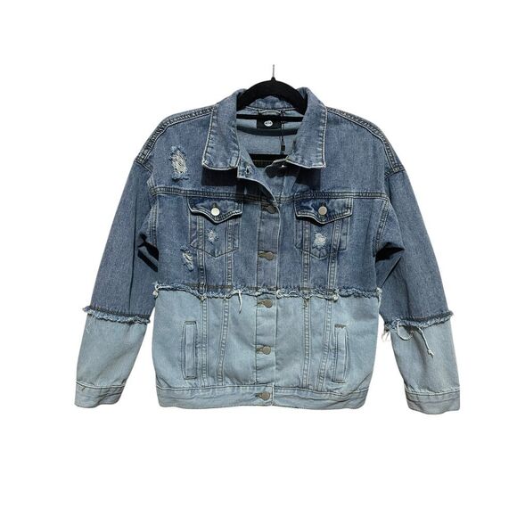 Boohoo Two-Tone Distressed Denim Jacket Ripped‎ Raw Hem Grunge Y2k Size 6 - Picture 1 of 10